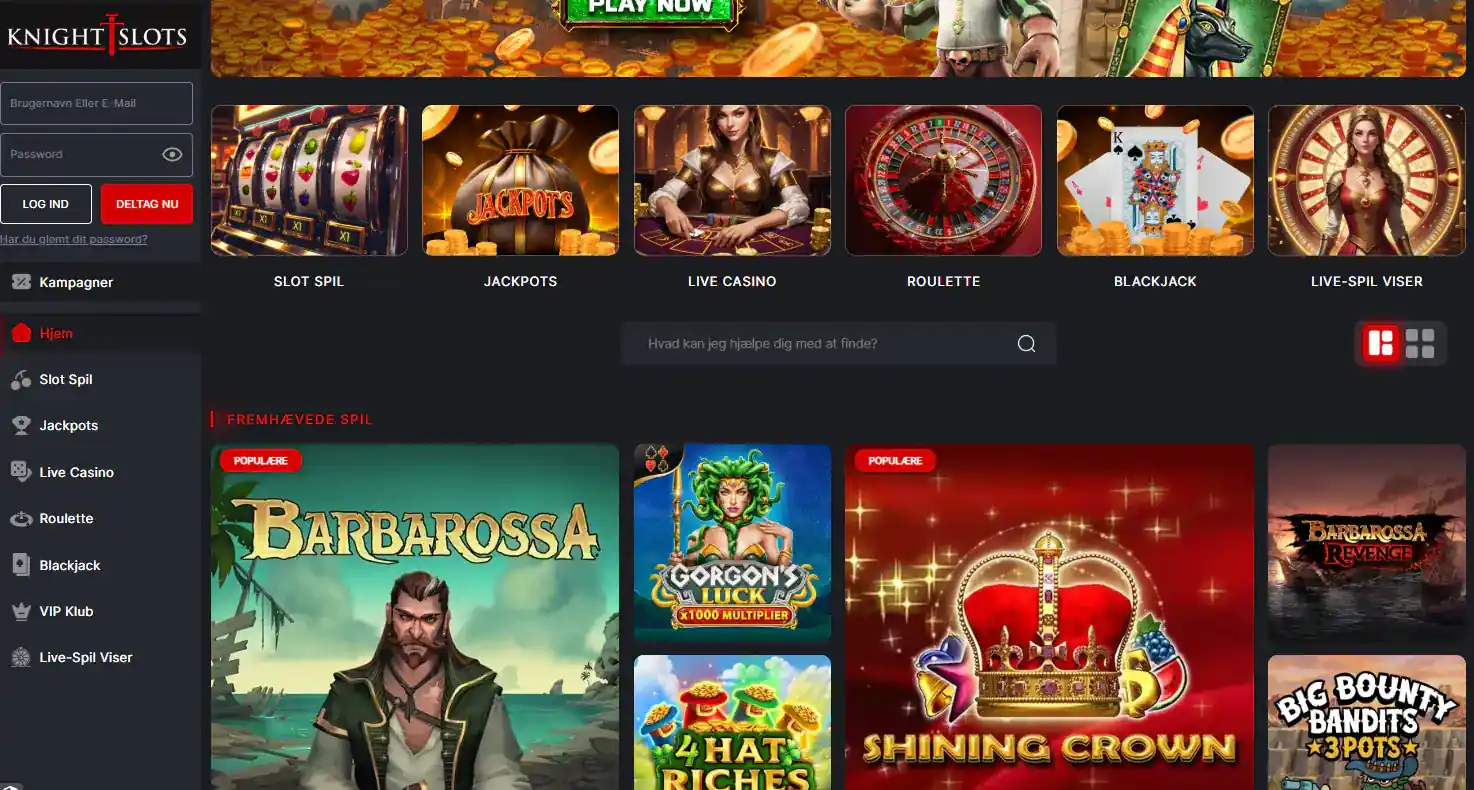 KnightSlots danske spillobby med casinokategorier