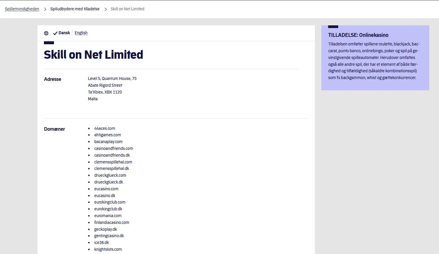 Spillemyndighedens registerside for Skill On Net Limited