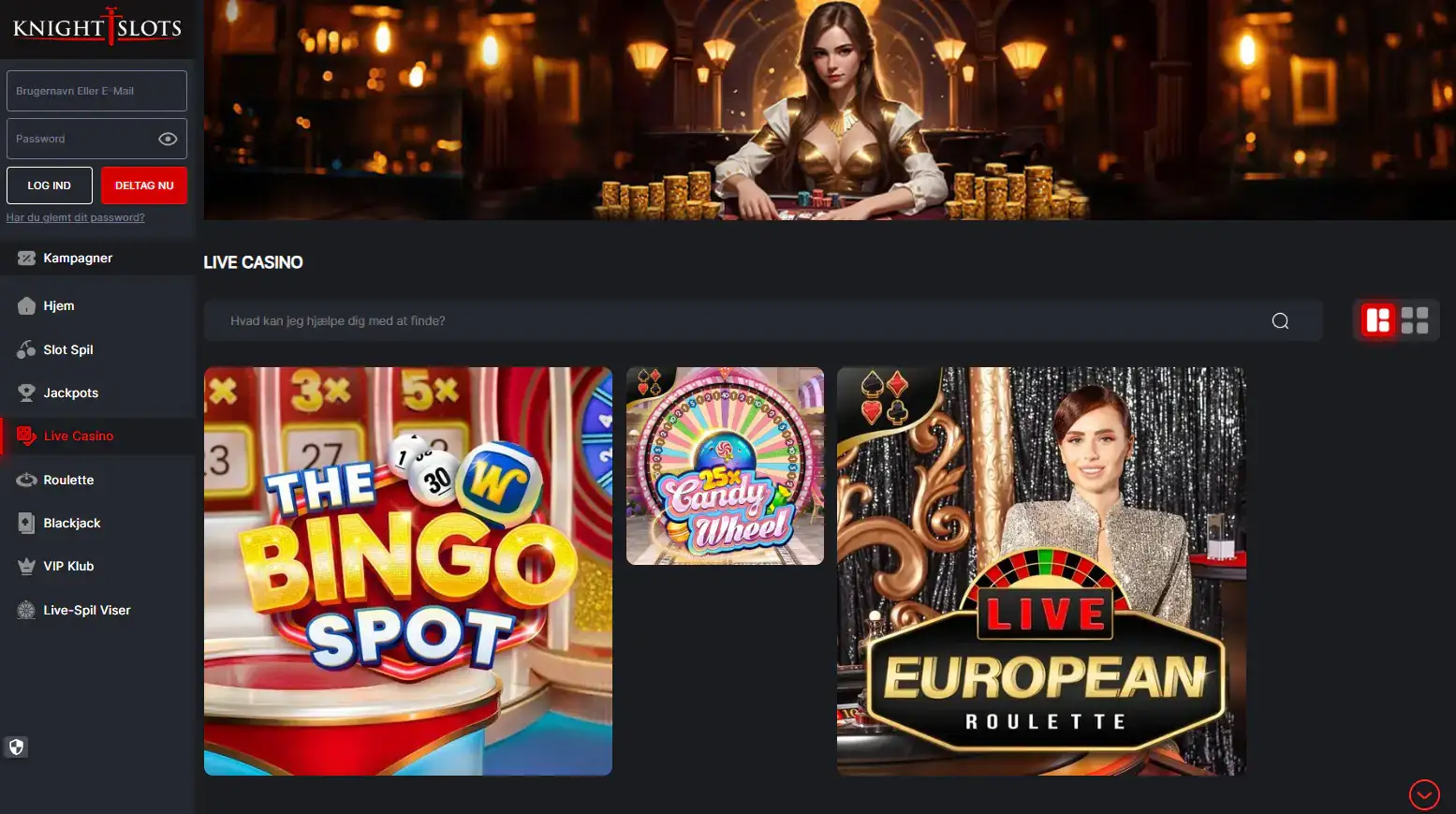 KnightSlots live casino-lobby på den danske version
