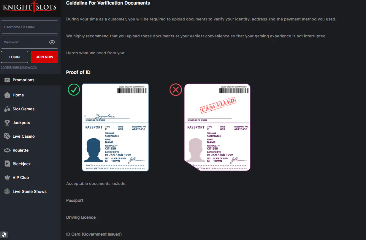 KnightSlots dokument-upload og KYC-side