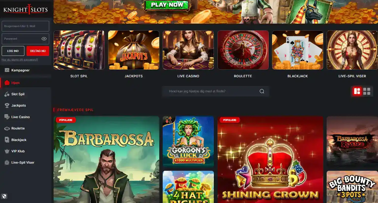 KnightSlots danske forside og spillobby